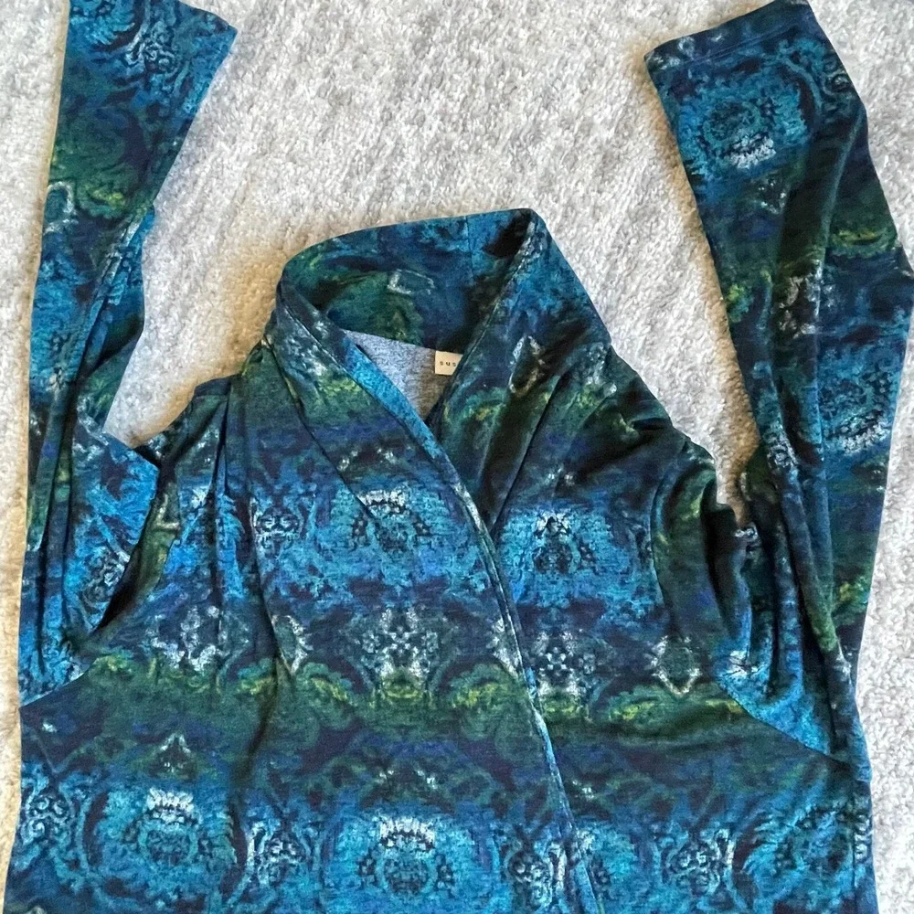 Susan Graver Cardigan Women M Blue Green Abstract Draped Shawl Collar Excellent